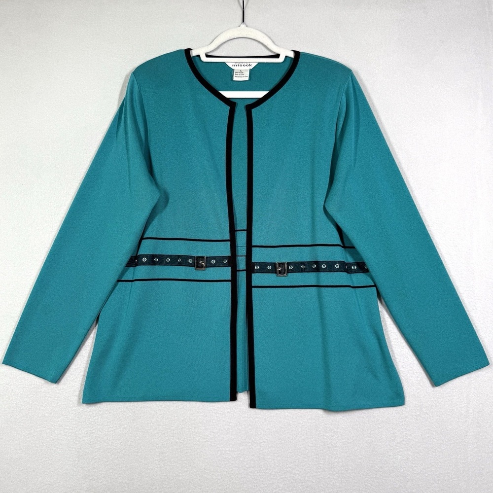 Misook Cardigan Jacket Womens Large Open Front Sweater‎ Turquoise Buckle Detail